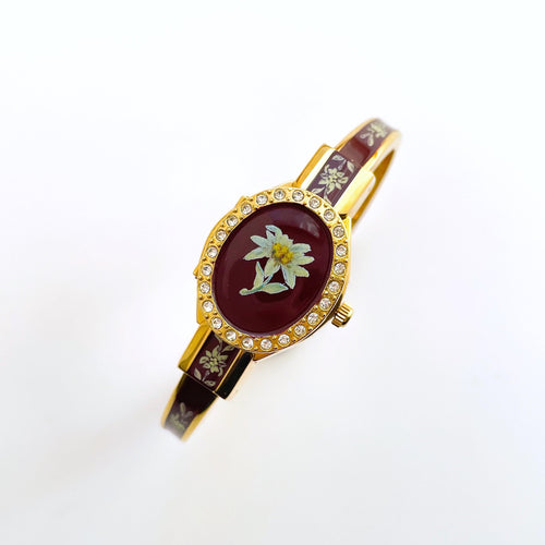Vintage Andr√© Mouche Quartz Watch with Burgundy Enamel Floral Design, Concealead Dial and Gold-Plated Bangle Bracelet