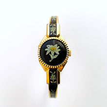 Load image into Gallery viewer, Vintage Andr√© Mouche Quartz Watch with Black and Green Enamel Floral Design, Concealed Dial and Gold-Plated Bangle Bracelet
