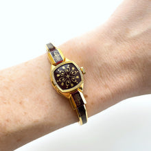 Load image into Gallery viewer, Vintage Andr√© Mouche Quartz Watch with Burgundy Enamel Floral Design, Concealead Dial and Gold-Plated Bangle Bracelet
