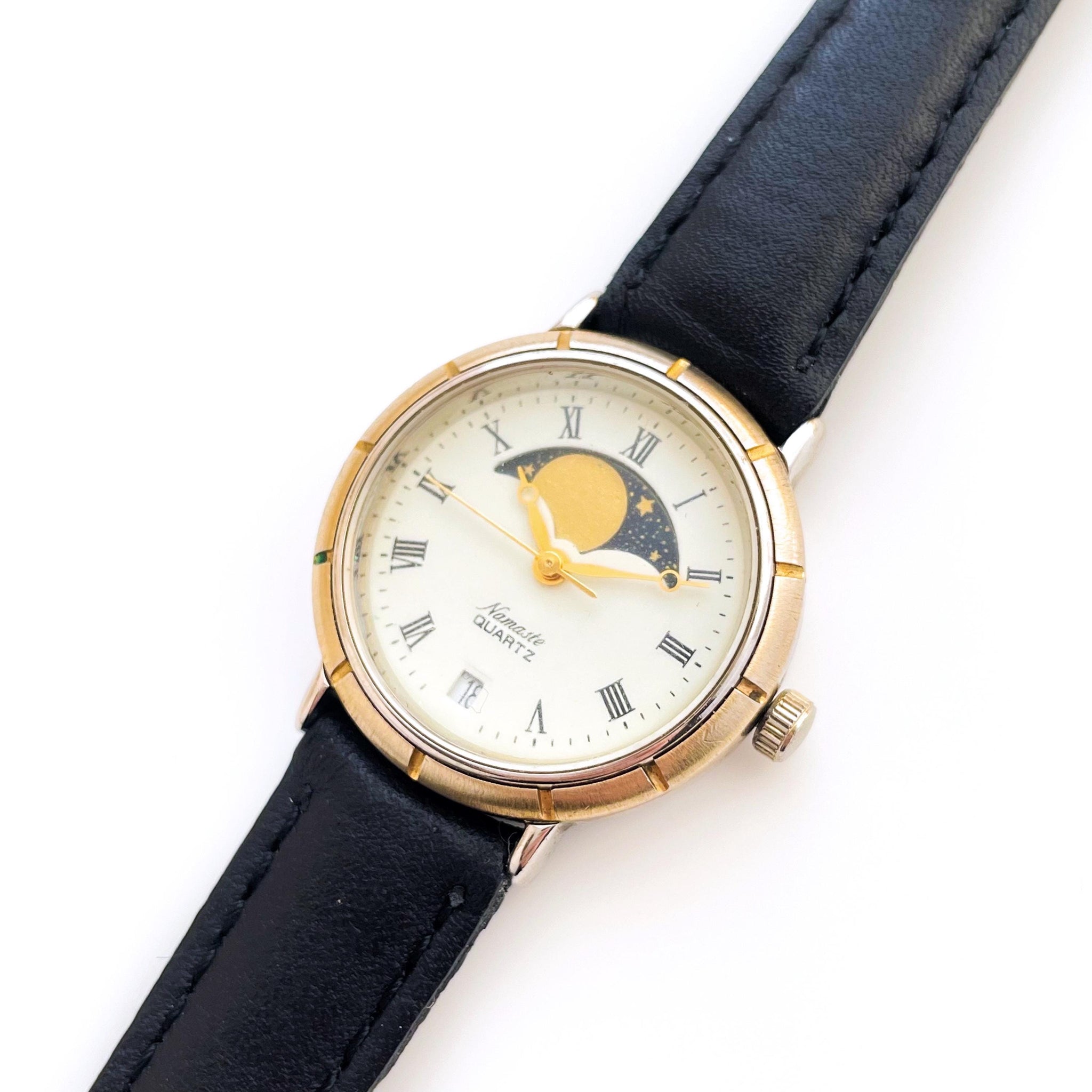 Vintage Ladies' Namaste Moon Phase Quartz Watch with Black Leather