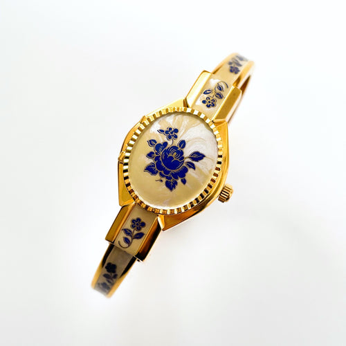 Vintage 00s Andr√© Mouche Quartz Watch with Beige and Blue Enamel Floral Design, Concealed Dial and Gold-Plated Bangle Bracelet - Boxed