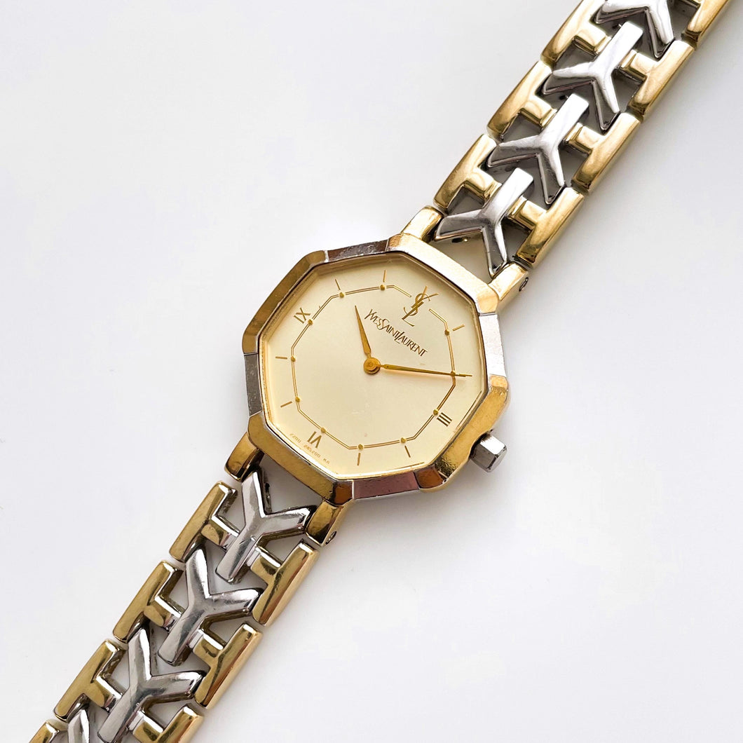 Vintage 90s Yves Saint Laurent Ladies' Quartz Watch with Two-Tone Bracelet and Octagon Dial - Boxed