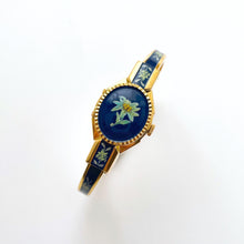 Load image into Gallery viewer, Vintage Andr√© Mouche Quartz Watch with Green and Navy Enamel Floral Design, Concealed Dial and Gold-Plated Bangle Bracelet - Boxed
