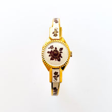 Load image into Gallery viewer, Vintage Andr√© Mouche Quartz Watch with Pearl and Burgundy Enamel Floral Design, Concealed Dial and Gold-Plated Bangle Bracelet - Boxed
