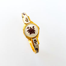 Load image into Gallery viewer, Vintage Andr√© Mouche Quartz Watch with Pearl and Burgundy Enamel Floral Design, Concealed Dial and Gold-Plated Bangle Bracelet - Boxed
