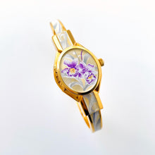 Load image into Gallery viewer, Vintage Andr√© Mouche Quartz Watch with Enamel Floral Design, Concealed Dial and Gold-Plated Bangle Bracelet - Boxed
