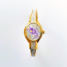Load image into Gallery viewer, Vintage Andr√© Mouche Quartz Watch with Enamel Floral Design, Concealed Dial and Gold-Plated Bangle Bracelet - Boxed
