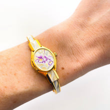 Load image into Gallery viewer, Vintage Andr√© Mouche Quartz Watch with Enamel Floral Design, Concealed Dial and Gold-Plated Bangle Bracelet - Boxed
