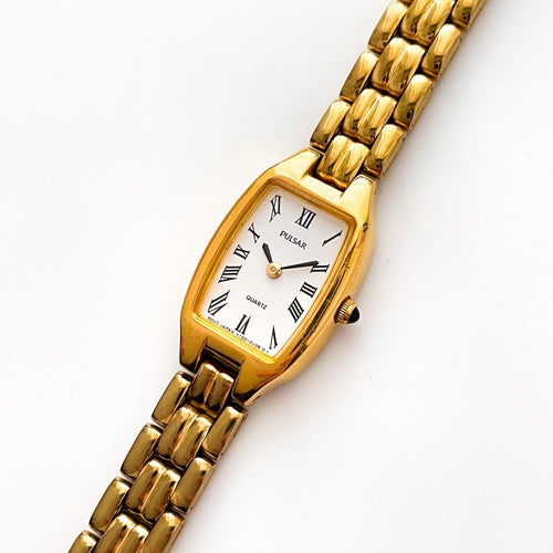 Vintage Ladies' Pulsar (by Seiko) Quartz Watch with Gold-Plated Bracelet and White Dial