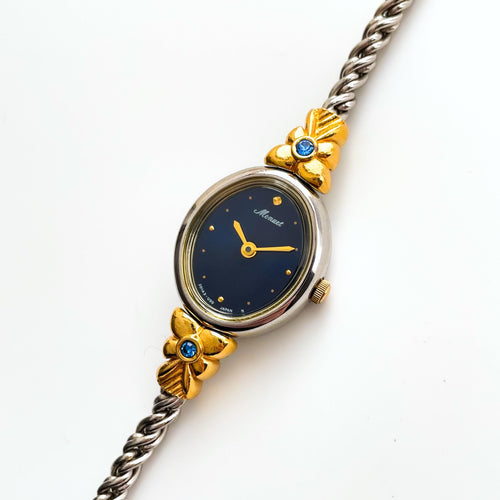 Vintage 1990s Two-Tone Ladies' Casio Menuet Quartz Watch With Intricate Bracelet and Blue Stones
