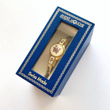 Load image into Gallery viewer, Vintage Andr√© Mouche Quartz Watch with Pearl and Burgundy Enamel Floral Design, Concealed Dial and Gold-Plated Bangle Bracelet - Boxed
