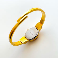 Load image into Gallery viewer, Vintage Andr√© Mouche Quartz Watch with Pearl and Burgundy Enamel Floral Design, Concealed Dial and Gold-Plated Bangle Bracelet - Boxed
