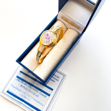 Load image into Gallery viewer, Vintage Andr√© Mouche Quartz Watch with Enamel Floral Design, Concealed Dial and Gold-Plated Bangle Bracelet - Boxed
