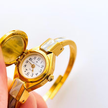 Load image into Gallery viewer, Vintage Andr√© Mouche Quartz Watch with Enamel Floral Design, Concealed Dial and Gold-Plated Bangle Bracelet - Boxed
