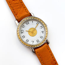 Load image into Gallery viewer, Vintage 1993 Two-Tone Herm√®s Sellier Ladies&#39; Quartz Watch with Round White Dial and Light Brown Leather Strap

