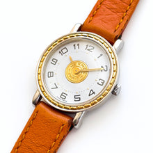 Load image into Gallery viewer, Vintage 1993 Two-Tone Herm√®s Sellier Ladies&#39; Quartz Watch with Round White Dial and Light Brown Leather Strap
