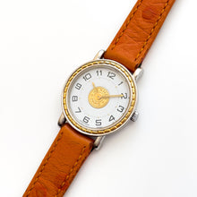 Load image into Gallery viewer, Vintage 1993 Two-Tone Herm√®s Sellier Ladies&#39; Quartz Watch with Round White Dial and Light Brown Leather Strap
