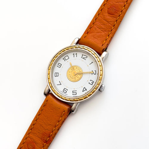 Vintage 1993 Two-Tone Herm√®s Sellier Ladies' Quartz Watch with Round White Dial and Light Brown Leather Strap