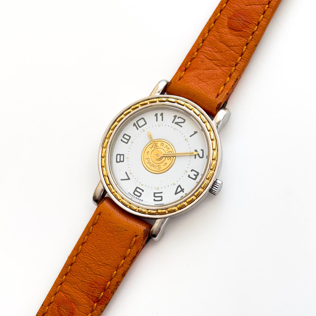 Vintage 1993 Two-Tone Herm√®s Sellier Ladies' Quartz Watch with Round White Dial and Light Brown Leather Strap
