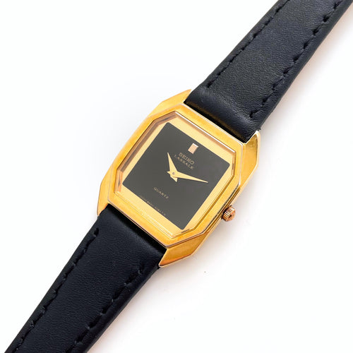 Vintage Ladies' 1990s Gold-Plated Seiko Lassale Quartz Watch with Black Dial and Leather Strap