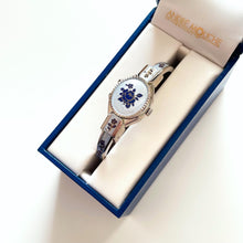 Load image into Gallery viewer, Vintage 1990s André Mouche Quartz Watch with Blue Enamel Floral Design, Concealed Dial and Silver-Tone Bangle Bracelet - Boxed
