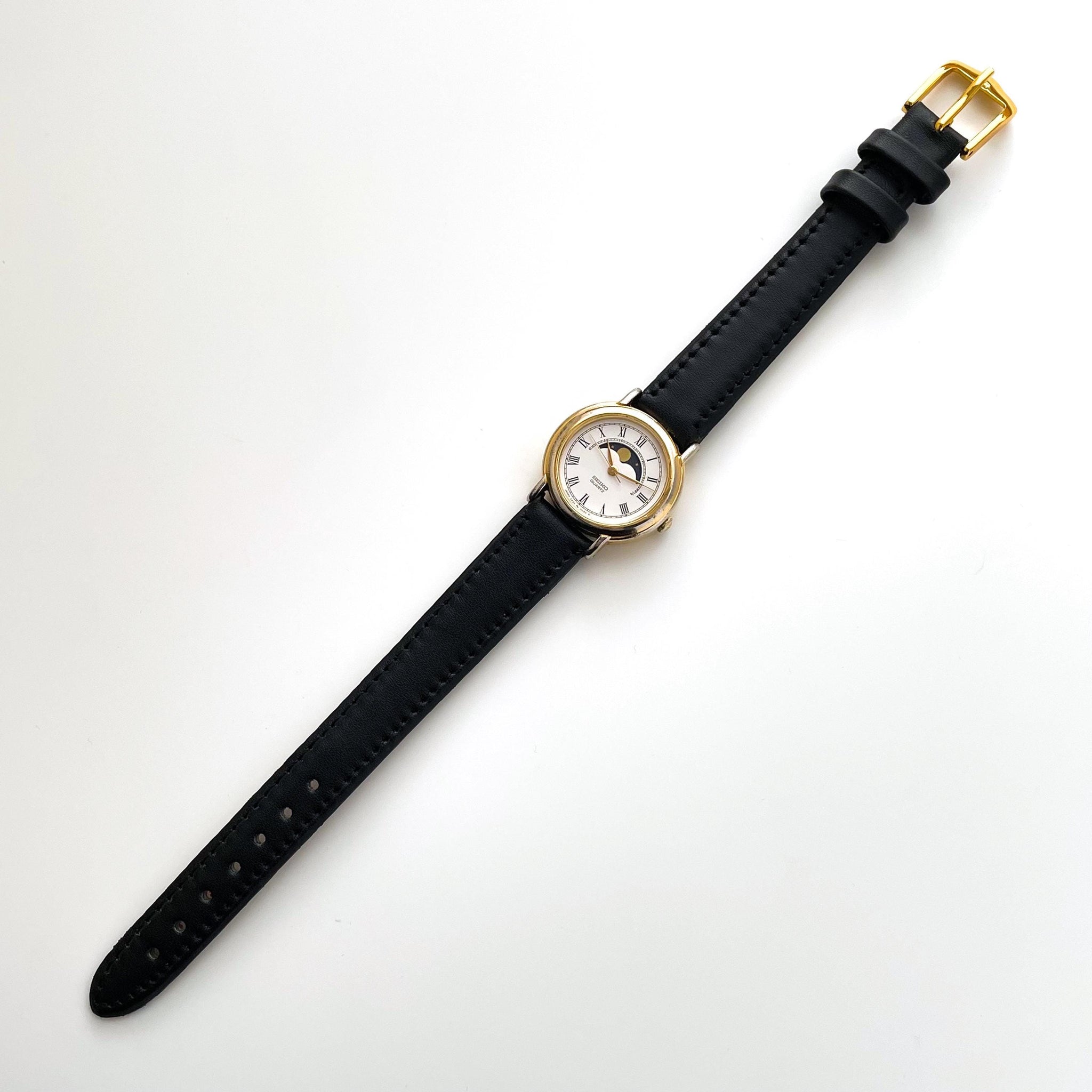 Rare Ladies' 90s Moon Phase Seiko Quartz Watch with Black Leather