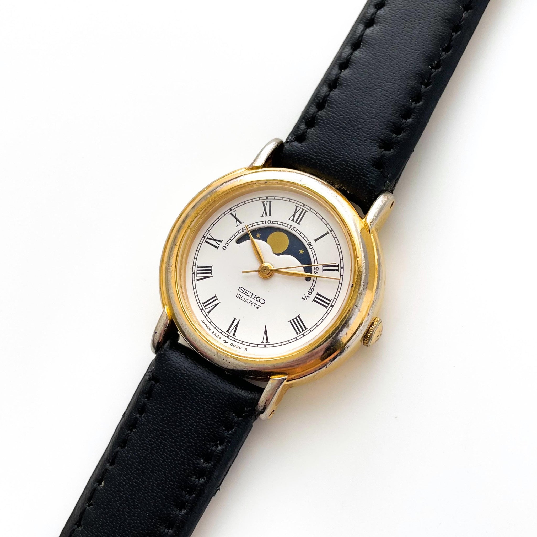 Rare Ladies' 90s Moon Phase Seiko Quartz Watch with Black Leather