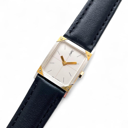 Vintage 1990s Yves Saint Laurent Ladies' Quartz Watch with Black Leather Strap and Rectangular Tank-Style Dial