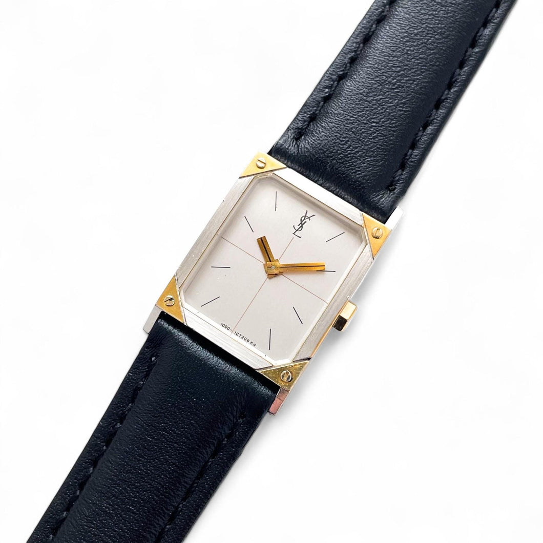 Vintage 1990s Yves Saint Laurent Ladies' Quartz Watch with Black Leather Strap and Rectangular Tank-Style Dial
