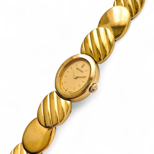 Tiny Vintage 1990s Gold-Plated Ladies' Seiko Quartz Watch With Beaded Bracelet and Oval Dial