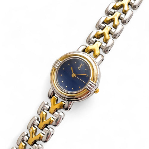 Vintage 1990s Yves Saint Laurent Ladies' Quartz Watch with Two-Tone Bracelet and Blue Dial - Boxed