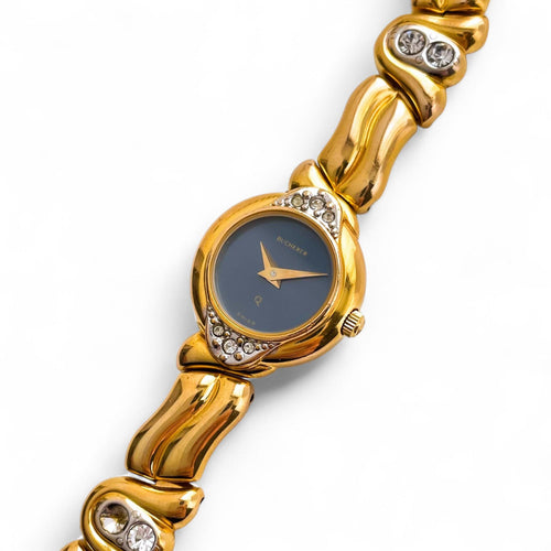 Very Rare 1990s Gold-Plated Bucherer Quartz Watch with Blue Dial and Crystal-Set Bracelet