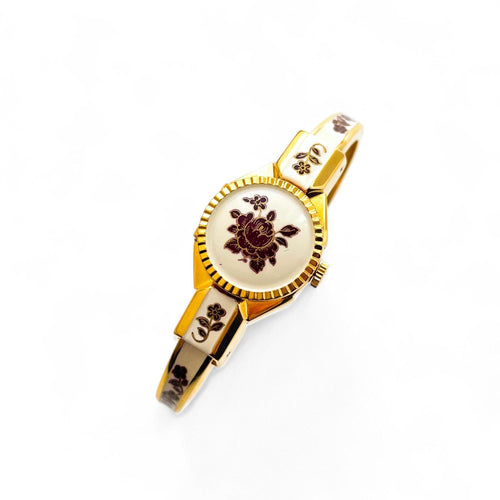 Vintage Andr√© Mouche Quartz Watch with Pearl and Burgundy Enamel Floral Design, Concealed Dial and Gold-Plated Bangle Bracelet - Boxed