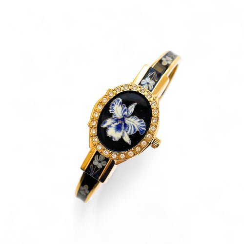 Vintage Andr√© Mouche Quartz Watch with Black & Blue Enamel Floral Design, Crystal-Set Bezel, Concealed Dial and Gold-Plated Bracelet - Boxed