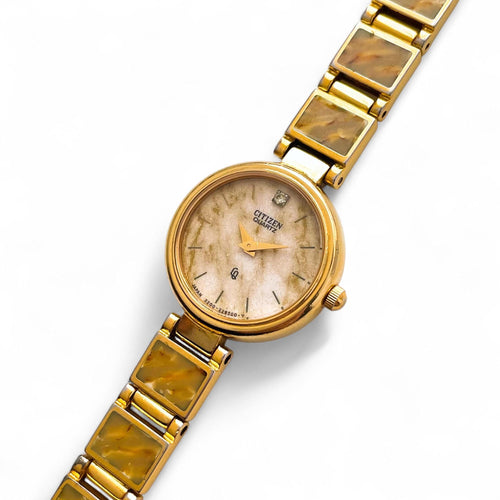 Vintage 1990s Gold-Plated Ladies' Citizen Quartz Watch With Tortoise Pattern