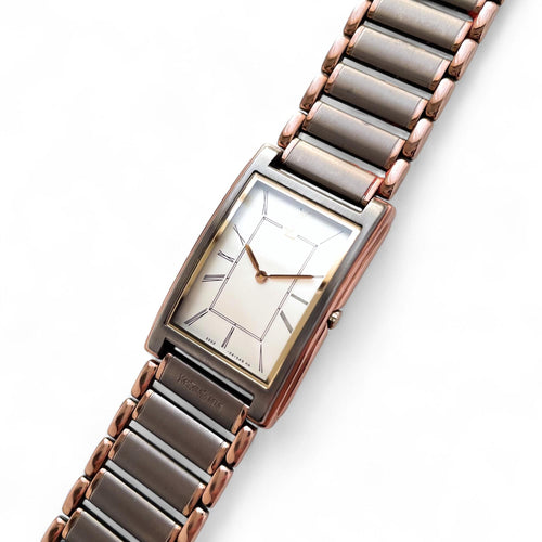 Vintage 1990s Yves Saint Laurent Unisex Quartz Watch with Two-Tone Bracelet and Rectangular Tank-Style Dial