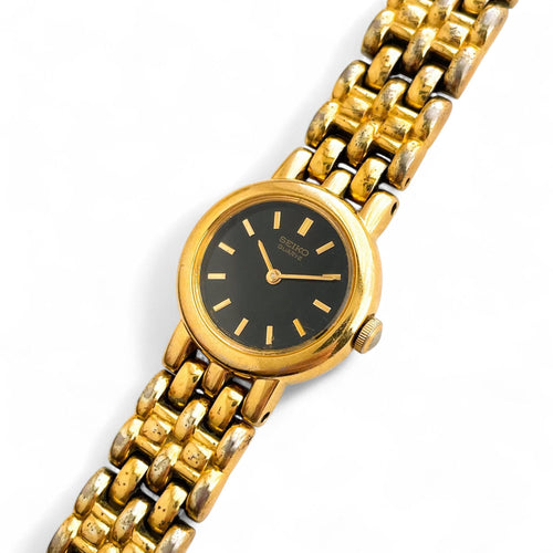 Vintage 1990s Gold-Plated Ladies' Seiko Quartz Watch with Round Black Dial