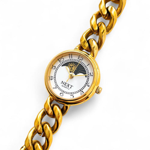 Vintage Ladies' Gold-Plated Next Sun & Moon Quartz Watch with Curb Chain Bracelet