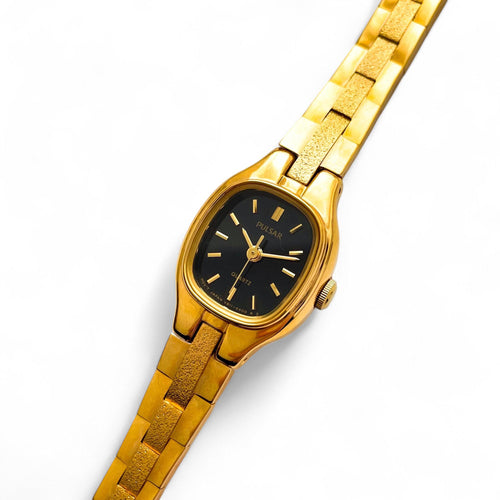 Tiny Ladies' Pulsar (by Seiko) Watch with Gold-Plated Bracelet and Black Dial