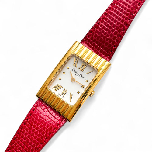 Vintage Christian Dior Gold-Plated Ladies' Quartz Watch with Red Leather Strap and Rectangular Tank Dial - Boxed