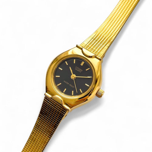 Vintage Gold-Plated Ladies' Citizen Quartz Watch with Black Dial