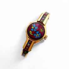 Load image into Gallery viewer, Vintage Chandler Peek-a-Boo Quartz Watch with Metallic Red Enamel Floral Design, Concealed Dial and Gold-Plated Bangle Bracelet
