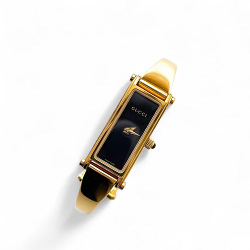 Vintage Ladies' Gold-Plated Gucci 1500L Bangle Quartz Watch with Black Rectangular Dial