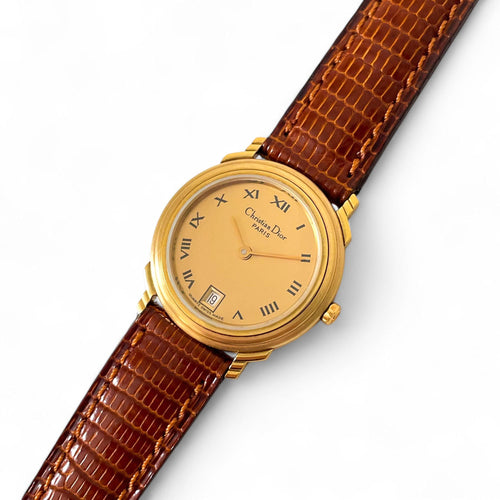 Vintage Christian Dior Gold-Plated Ladies' Quartz Watch with Brown Leather Strap - Boxed