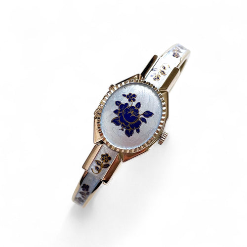 Vintage 1990s André Mouche Quartz Watch with Blue Enamel Floral Design, Concealed Dial and Silver-Tone Bangle Bracelet - Boxed
