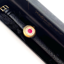 Load image into Gallery viewer, Vintage 90s Gold-Plated Yves Saint Laurent Ladies&#39; Quartz Watch with Black Leather Strap - Boxed
