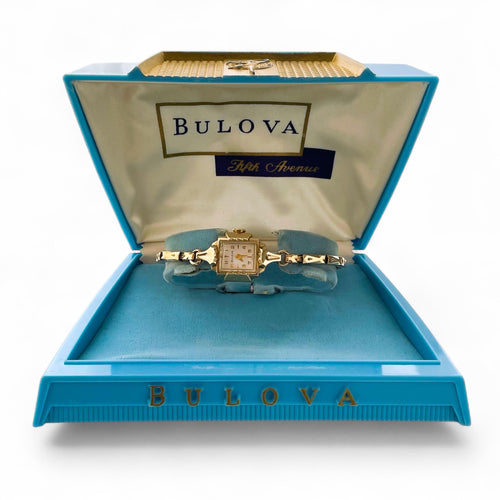 Vintage 1957 Ladies' Gold-Plated Bulova Art Deco Mechanical Watch with Elasticated Bracelet - Boxed