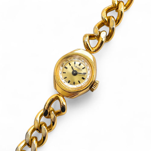 Vintage Gold-Plated Ladies' Ferex Mechanical Watch with Chain Bracelet and Faceted Dial