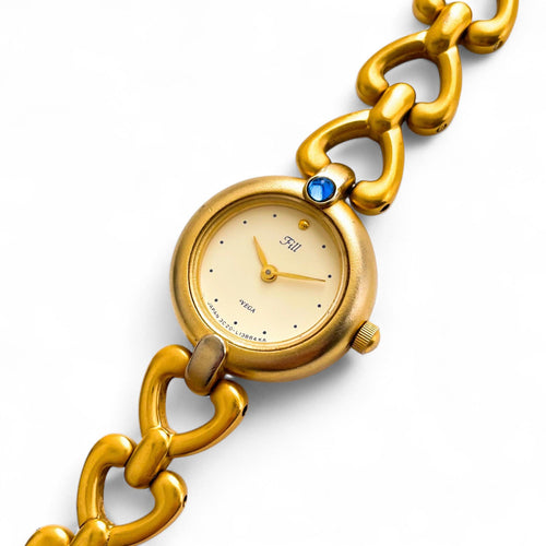 Vintage Gold-Plated Ladies' Vega (by Citizen) Fill Quartz Watch With Round Dial and Blue Stone