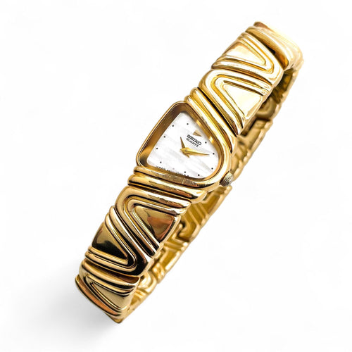 Extremely Rare Vintage 1990s 18ct Gold-Plated Ladies' Seiko Half Moon Quartz Watch With Asymmetrical Mother of Pearl Dial